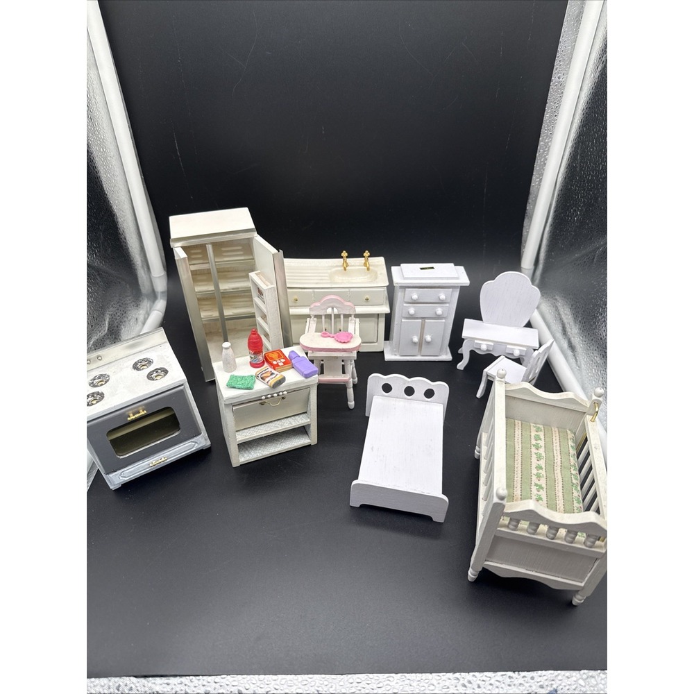 Classics Dollhouse Mini Wood Kitchen Nursery Furniture 9pc White 1:12 Scale Set